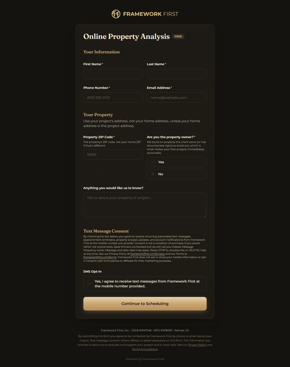 The Online Property Analysis form showing the Text Message Consent disclosure and the unchecked SMS Opt-In checkbox above the submit button.